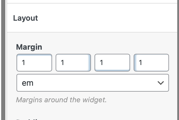 A user interface showing margin settings with four input fields set to 1 em each, under the "Layout" section, with the label "Margins around the widget.